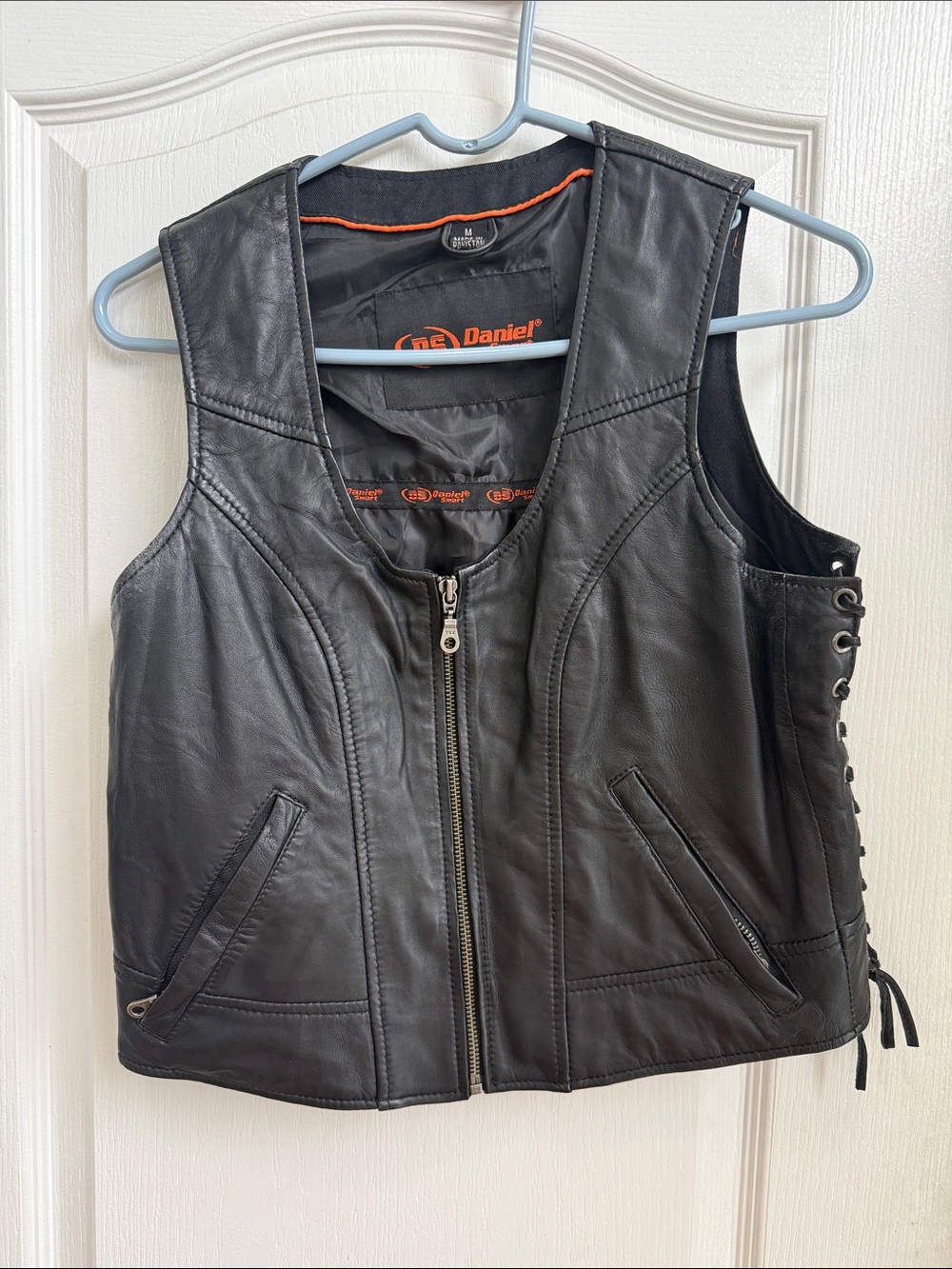 Leather Women's Black Zip-Front Moto Vest